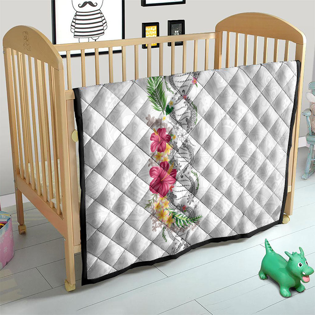 Hawaii DNA Kakau Tattoo Quilt with Plumeria and Hibiscus Tropical Plants White Color