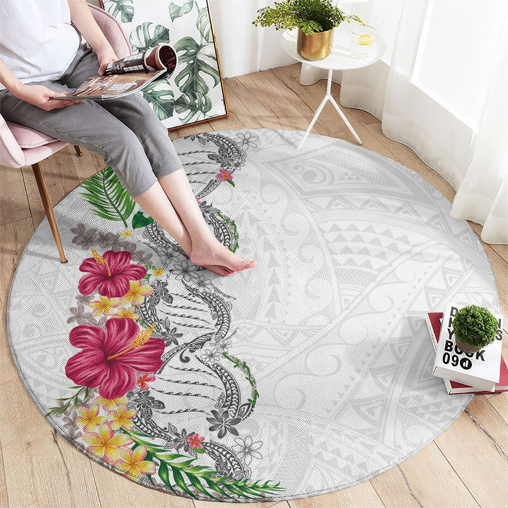 Hawaii DNA Kakau Tattoo Round Carpet with Plumeria and Hibiscus Tropical Plants White Color