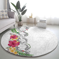Hawaii DNA Kakau Tattoo Round Carpet with Plumeria and Hibiscus Tropical Plants White Color