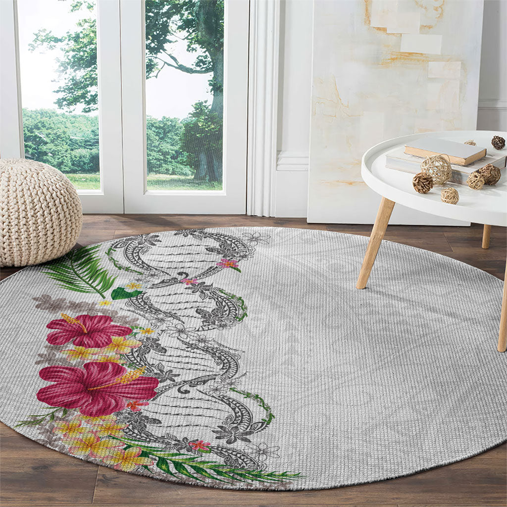 Hawaii DNA Kakau Tattoo Round Carpet with Plumeria and Hibiscus Tropical Plants White Color