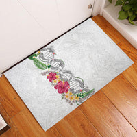 Hawaii DNA Kakau Tattoo Rubber Doormat with Plumeria and Hibiscus Tropical Plants White Color