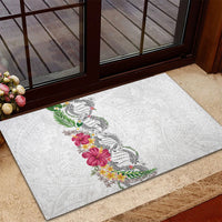Hawaii DNA Kakau Tattoo Rubber Doormat with Plumeria and Hibiscus Tropical Plants White Color