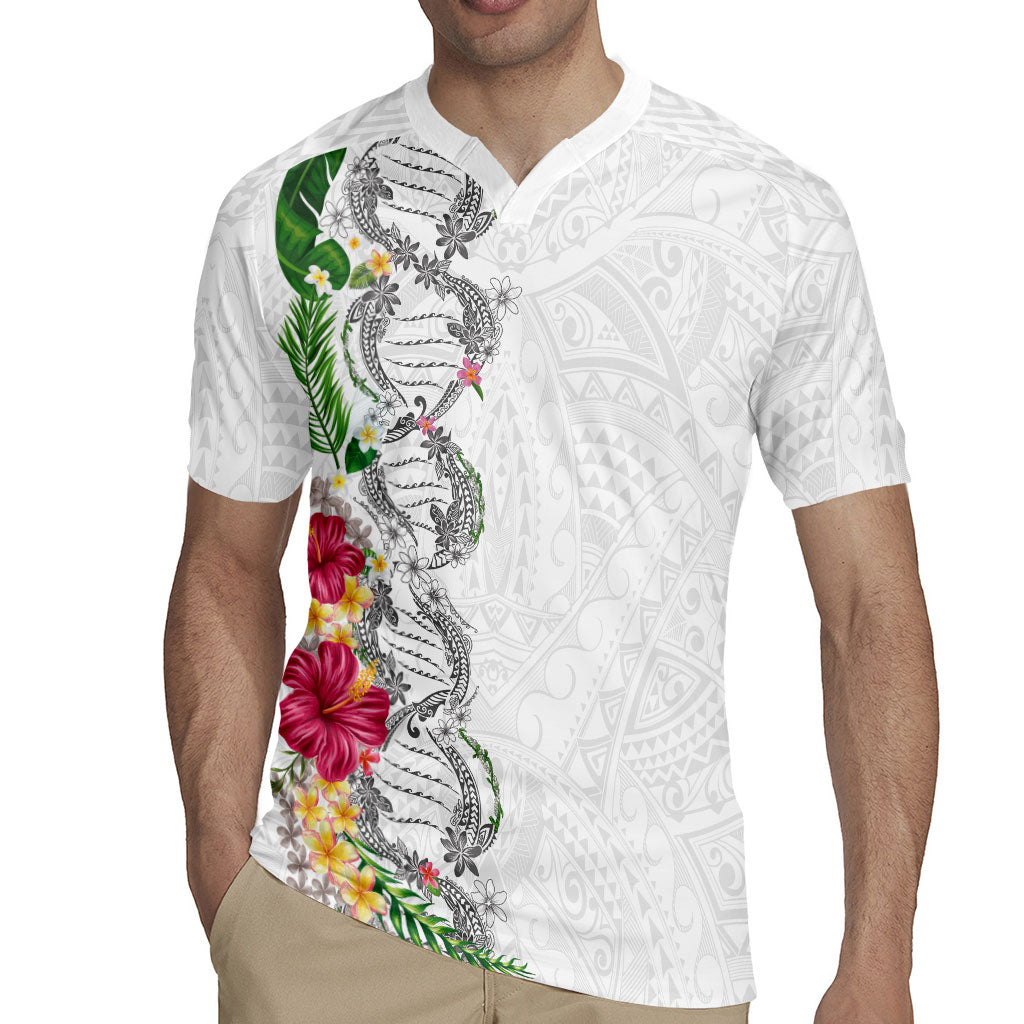 Hawaii DNA Kakau Tattoo Rugby Jersey with Plumeria and Hibiscus Tropical Plants White Color