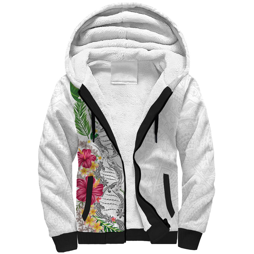 Hawaii DNA Kakau Tattoo Sherpa Hoodie with Plumeria and Hibiscus Tropical Plants White Color