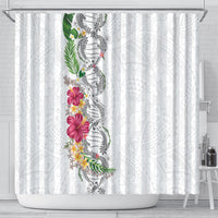 Hawaii DNA Kakau Tattoo Shower Curtain with Plumeria and Hibiscus Tropical Plants White Color