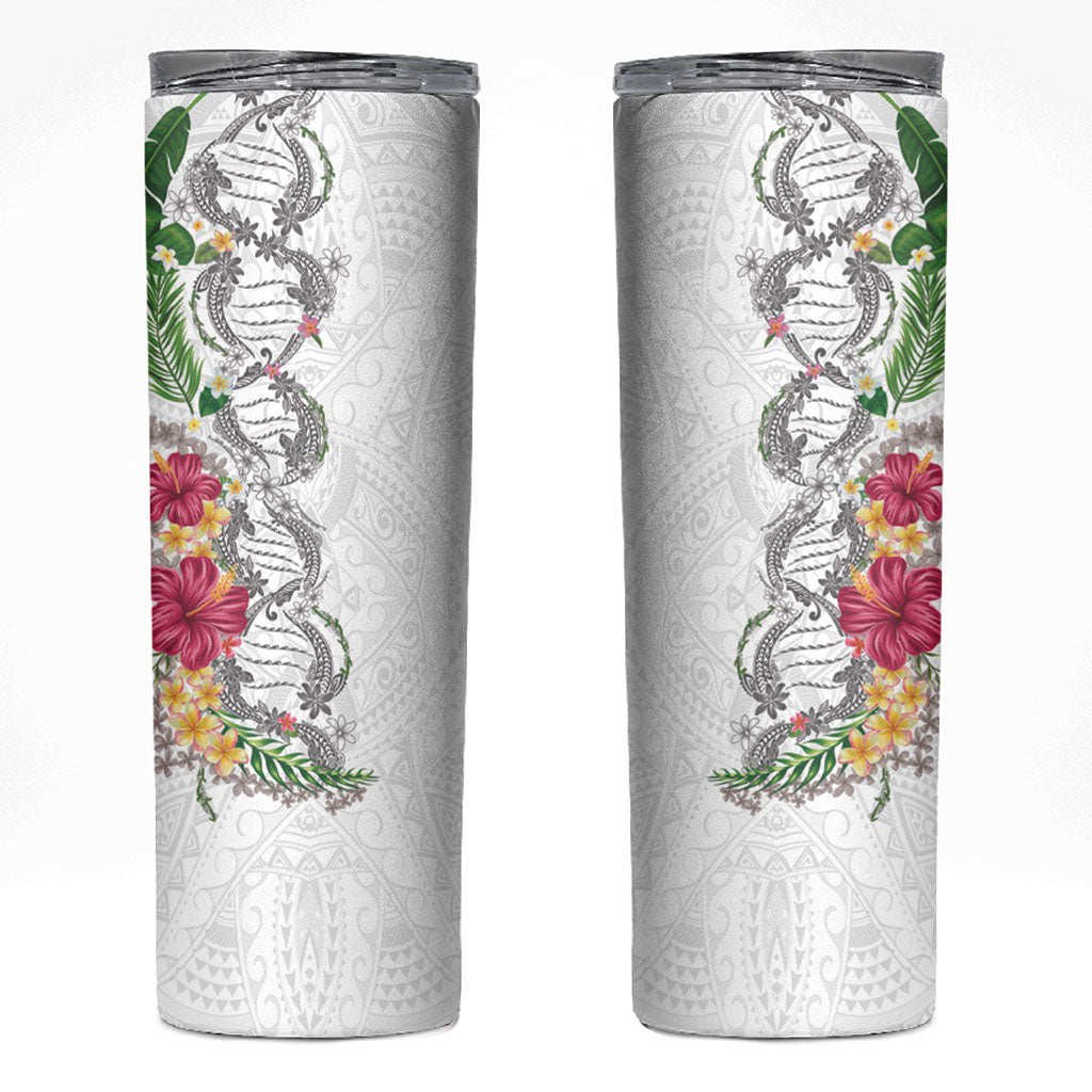 Hawaii DNA Kakau Tattoo Skinny Tumbler with Plumeria and Hibiscus Tropical Plants White Color