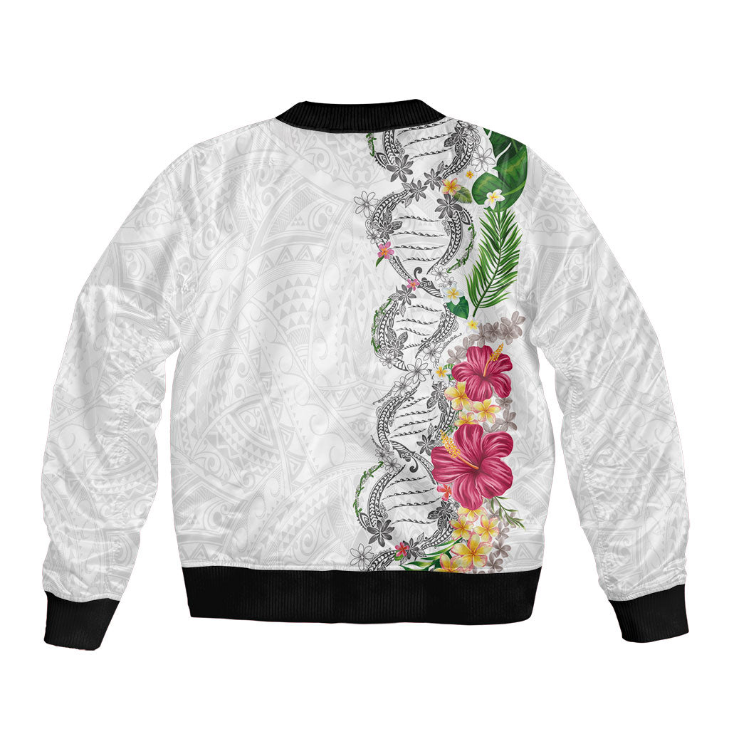 Hawaii DNA Kakau Tattoo Sleeve Zip Bomber Jacket with Plumeria and Hibiscus Tropical Plants White Color