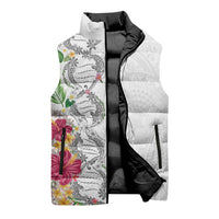 Hawaii DNA Kakau Tattoo Sleeveless Puffer Jacket with Plumeria and Hibiscus Tropical Plants White Color