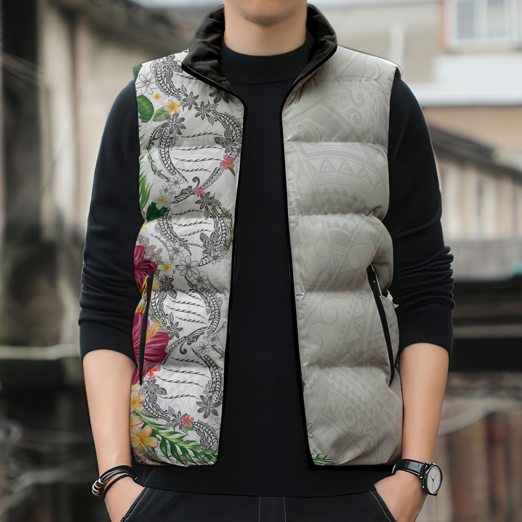 Hawaii DNA Kakau Tattoo Sleeveless Puffer Jacket with Plumeria and Hibiscus Tropical Plants White Color