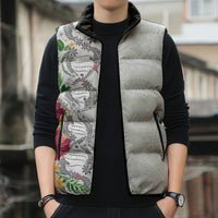 Hawaii DNA Kakau Tattoo Sleeveless Puffer Jacket with Plumeria and Hibiscus Tropical Plants White Color