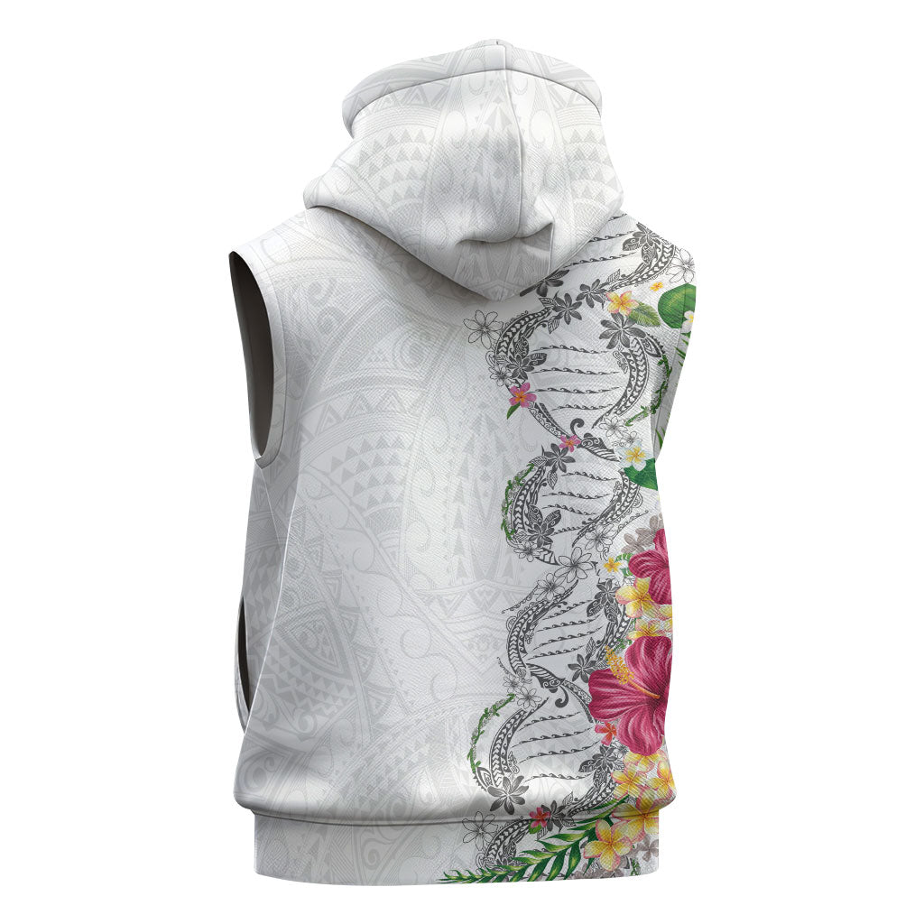 Hawaii DNA Kakau Tattoo Sleeveless Zip Hoodie with Plumeria and Hibiscus Tropical Plants White Color