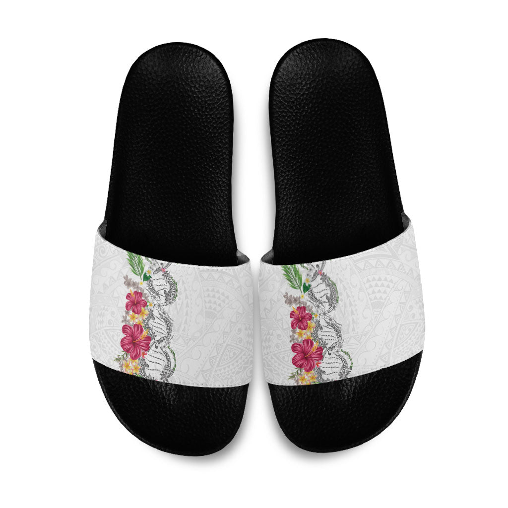 Hawaii DNA Kakau Tattoo Slide Sandals with Plumeria and Hibiscus Tropical Plants White Color