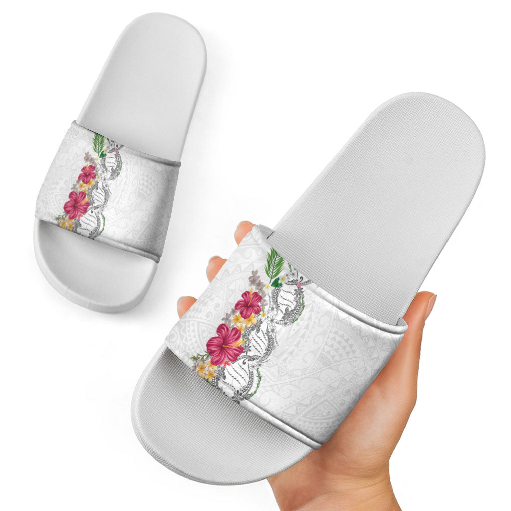 Hawaii DNA Kakau Tattoo Slide Sandals with Plumeria and Hibiscus Tropical Plants White Color