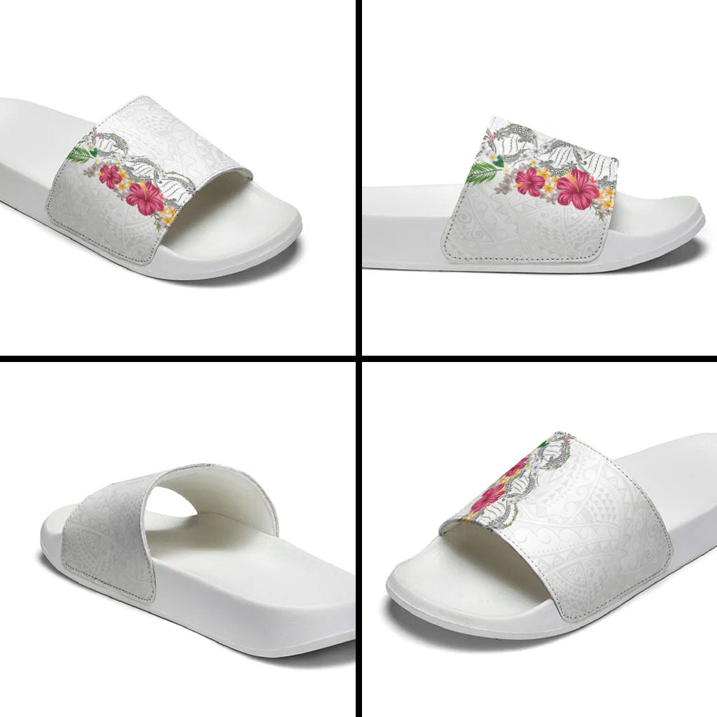 Hawaii DNA Kakau Tattoo Slide Sandals with Plumeria and Hibiscus Tropical Plants White Color