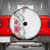 Hawaii DNA Kakau Tattoo Spare Tire Cover with Plumeria and Hibiscus Tropical Plants White Color
