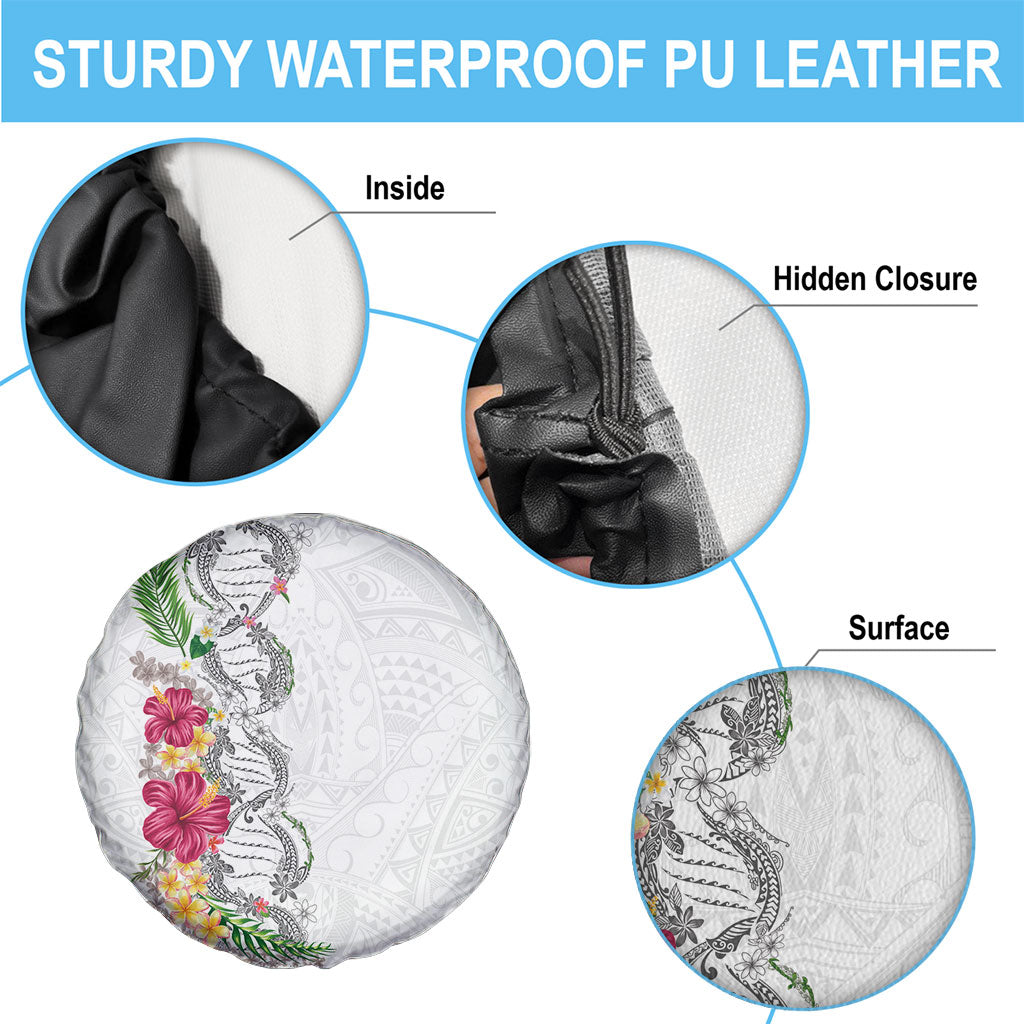 Hawaii DNA Kakau Tattoo Spare Tire Cover with Plumeria and Hibiscus Tropical Plants White Color