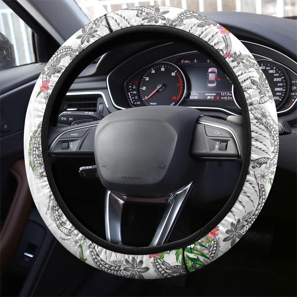 Hawaii DNA Kakau Tattoo Steering Wheel Cover with Plumeria and Hibiscus Tropical Plants White Color