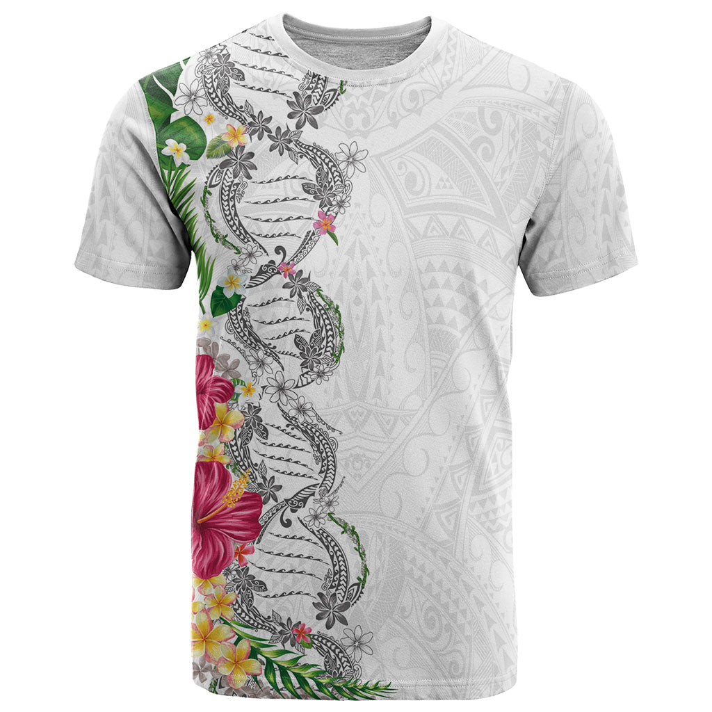 Hawaii DNA Kakau Tattoo T Shirt with Plumeria and Hibiscus Tropical Plants White Color