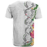 Hawaii DNA Kakau Tattoo T Shirt with Plumeria and Hibiscus Tropical Plants White Color