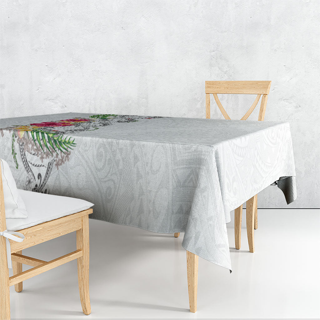 Hawaii DNA Kakau Tattoo Tablecloth with Plumeria and Hibiscus Tropical Plants White Color