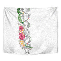 Hawaii DNA Kakau Tattoo Tapestry with Plumeria and Hibiscus Tropical Plants White Color