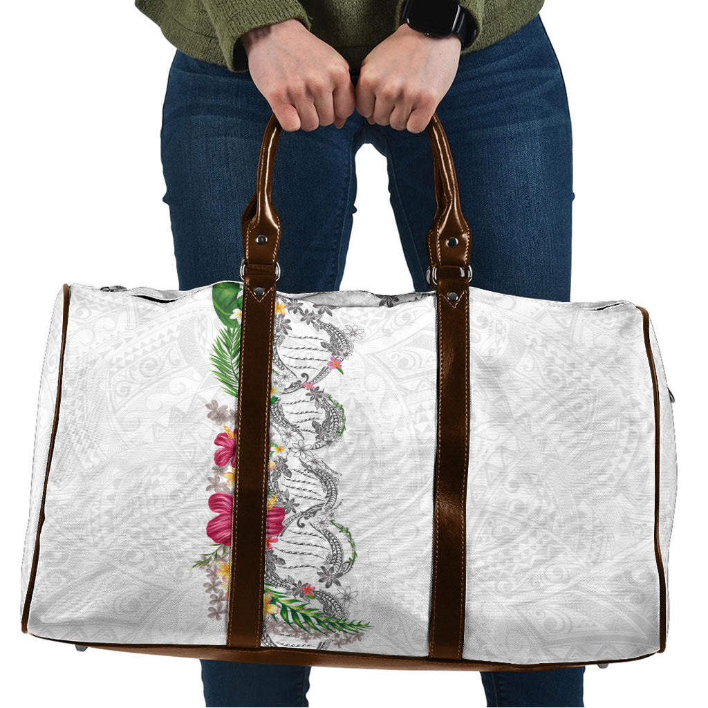 Hawaii DNA Kakau Tattoo Travel Bag with Plumeria and Hibiscus Tropical Plants White Color