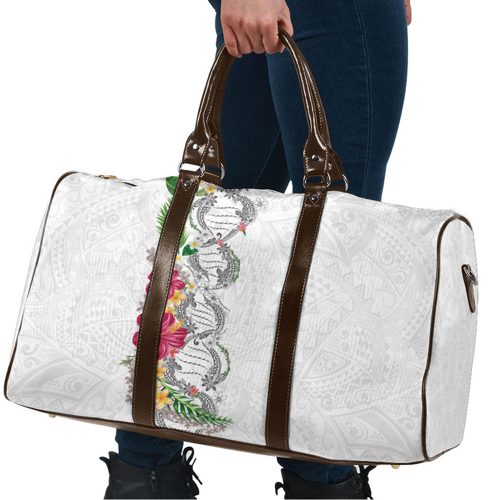 Hawaii DNA Kakau Tattoo Travel Bag with Plumeria and Hibiscus Tropical Plants White Color
