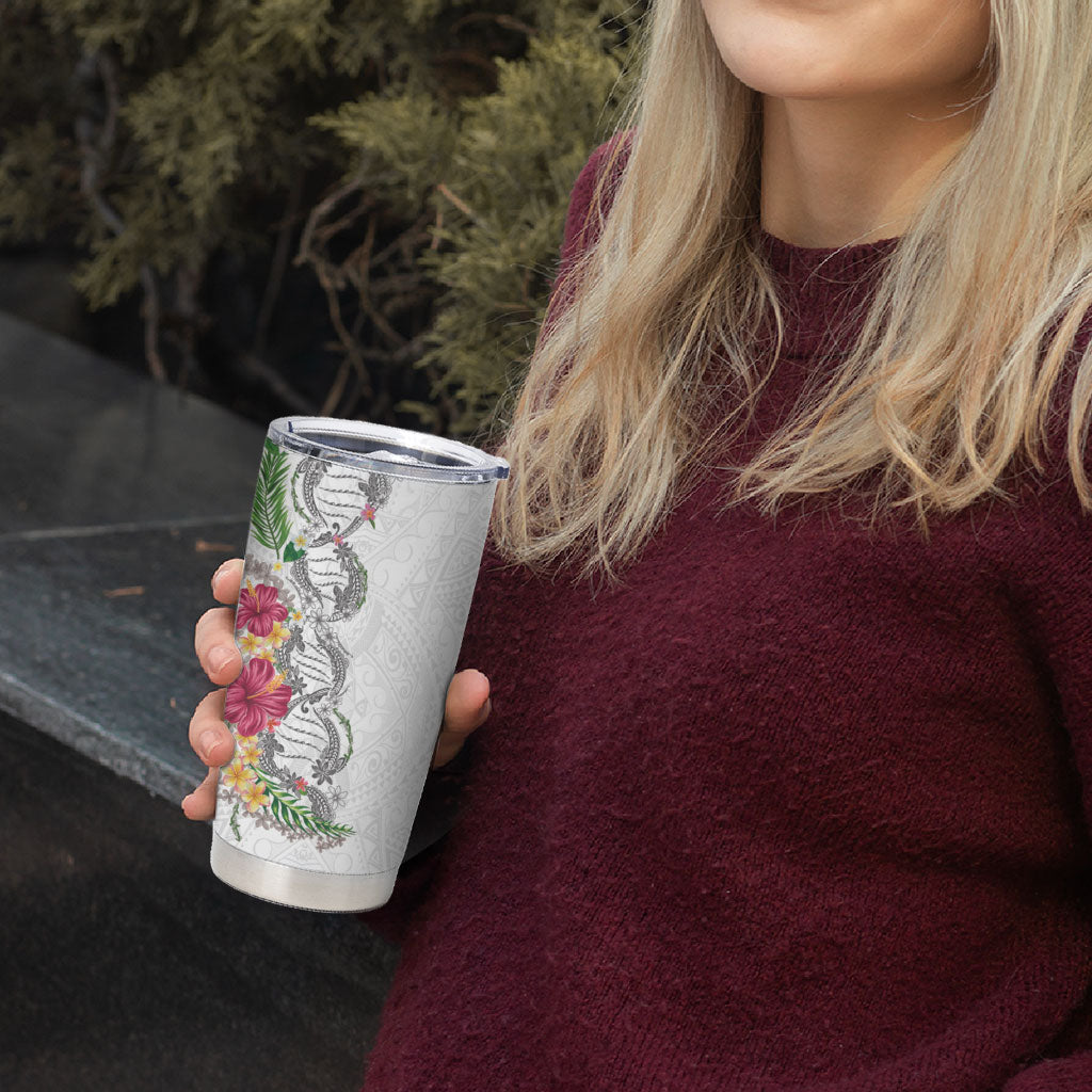 Hawaii DNA Kakau Tattoo Tumbler Cup with Plumeria and Hibiscus Tropical Plants White Color