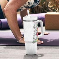 Hawaii DNA Kakau Tattoo Tumbler With Handle with Plumeria and Hibiscus Tropical Plants White Color