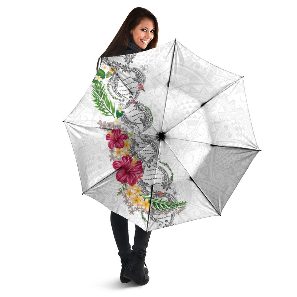 Hawaii DNA Kakau Tattoo Umbrella with Plumeria and Hibiscus Tropical Plants White Color