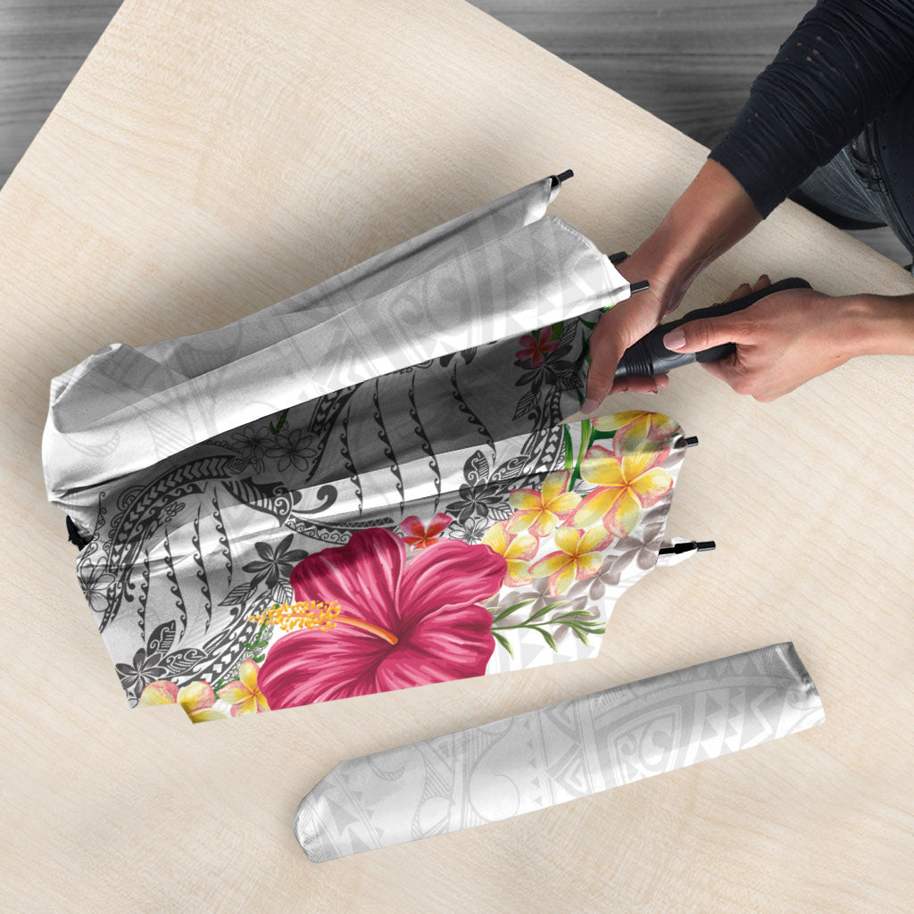 Hawaii DNA Kakau Tattoo Umbrella with Plumeria and Hibiscus Tropical Plants White Color