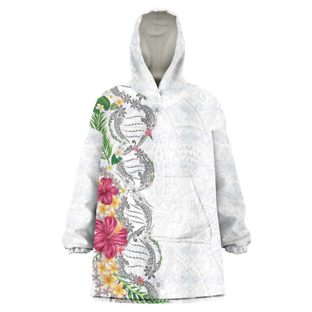 Hawaii DNA Kakau Tattoo Wearable Blanket Hoodie with Plumeria and Hibiscus Tropical Plants White Color