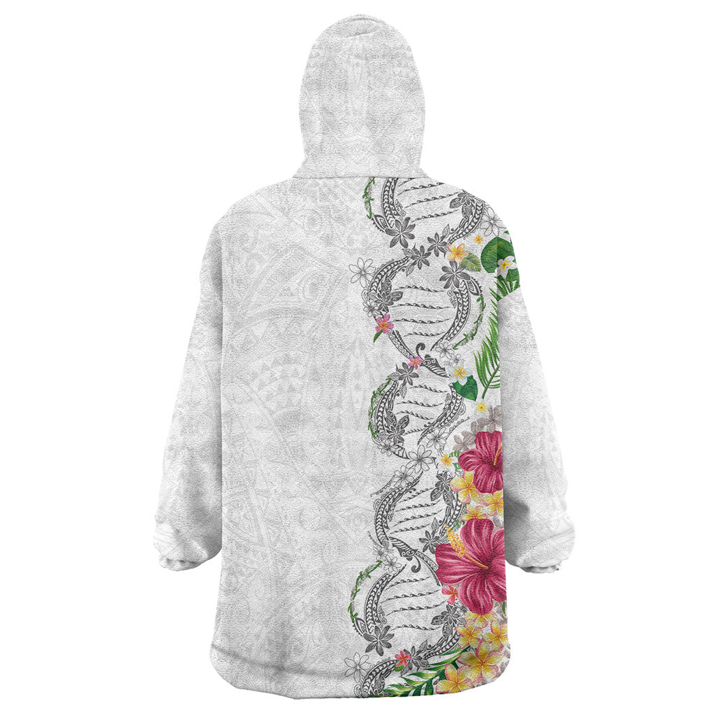 Hawaii DNA Kakau Tattoo Wearable Blanket Hoodie with Plumeria and Hibiscus Tropical Plants White Color