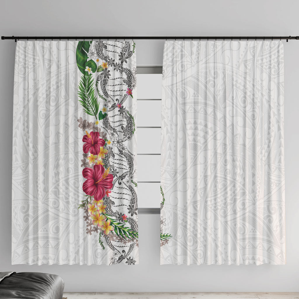 Hawaii DNA Kakau Tattoo Window Curtain with Plumeria and Hibiscus Tropical Plants White Color