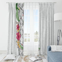 Hawaii DNA Kakau Tattoo Window Curtain with Plumeria and Hibiscus Tropical Plants White Color