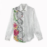Hawaii DNA Kakau Tattoo Women Casual Shirt with Plumeria and Hibiscus Tropical Plants White Color