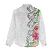 Hawaii DNA Kakau Tattoo Women Casual Shirt with Plumeria and Hibiscus Tropical Plants White Color