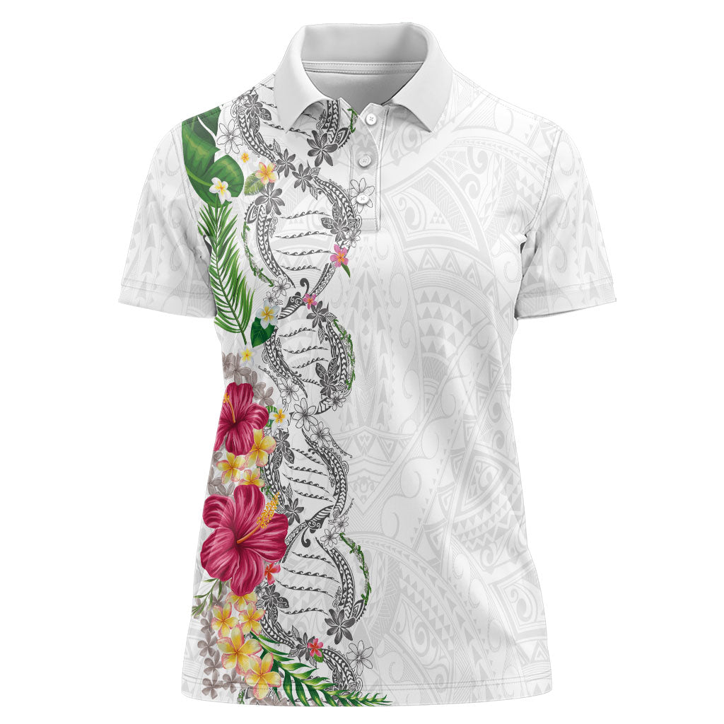 Hawaii DNA Kakau Tattoo Women Polo Shirt with Plumeria and Hibiscus Tropical Plants White Color