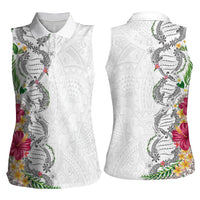 Hawaii DNA Kakau Tattoo Women Sleeveless Polo Shirt with Plumeria and Hibiscus Tropical Plants White Color