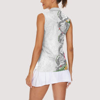 Hawaii DNA Kakau Tattoo Women Sleeveless Polo Shirt with Plumeria and Hibiscus Tropical Plants White Color