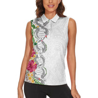 Hawaii DNA Kakau Tattoo Women Sleeveless Polo Shirt with Plumeria and Hibiscus Tropical Plants White Color