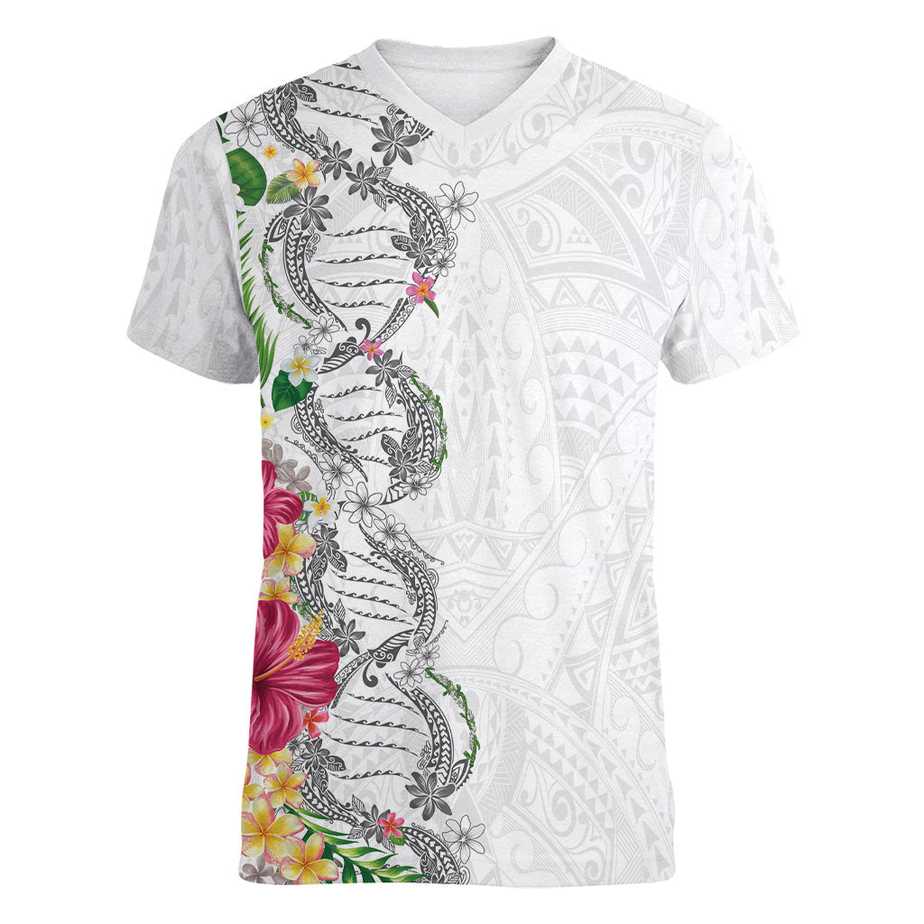 Hawaii DNA Kakau Tattoo Women V-Neck T-Shirt with Plumeria and Hibiscus Tropical Plants White Color