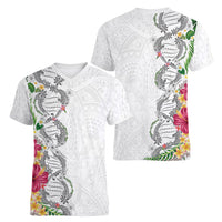 Hawaii DNA Kakau Tattoo Women V-Neck T-Shirt with Plumeria and Hibiscus Tropical Plants White Color