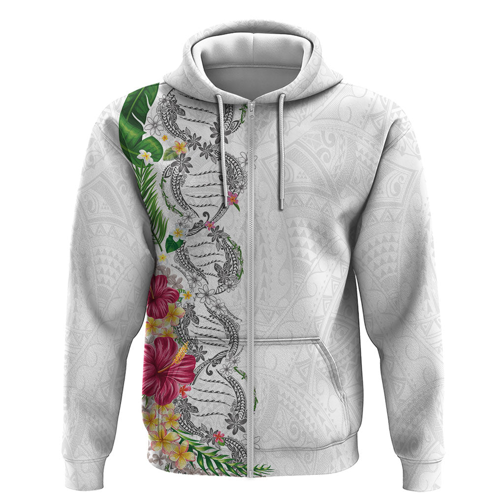 Hawaii DNA Kakau Tattoo Zip Hoodie with Plumeria and Hibiscus Tropical Plants White Color LT03 Zip Hoodie White - Polynesian Pride