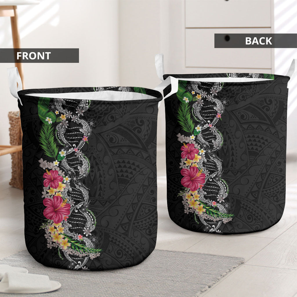 Hawaii DNA Kakau Tattoo Laundry Basket with Plumeria and Hibiscus Tropical Plants Black Color