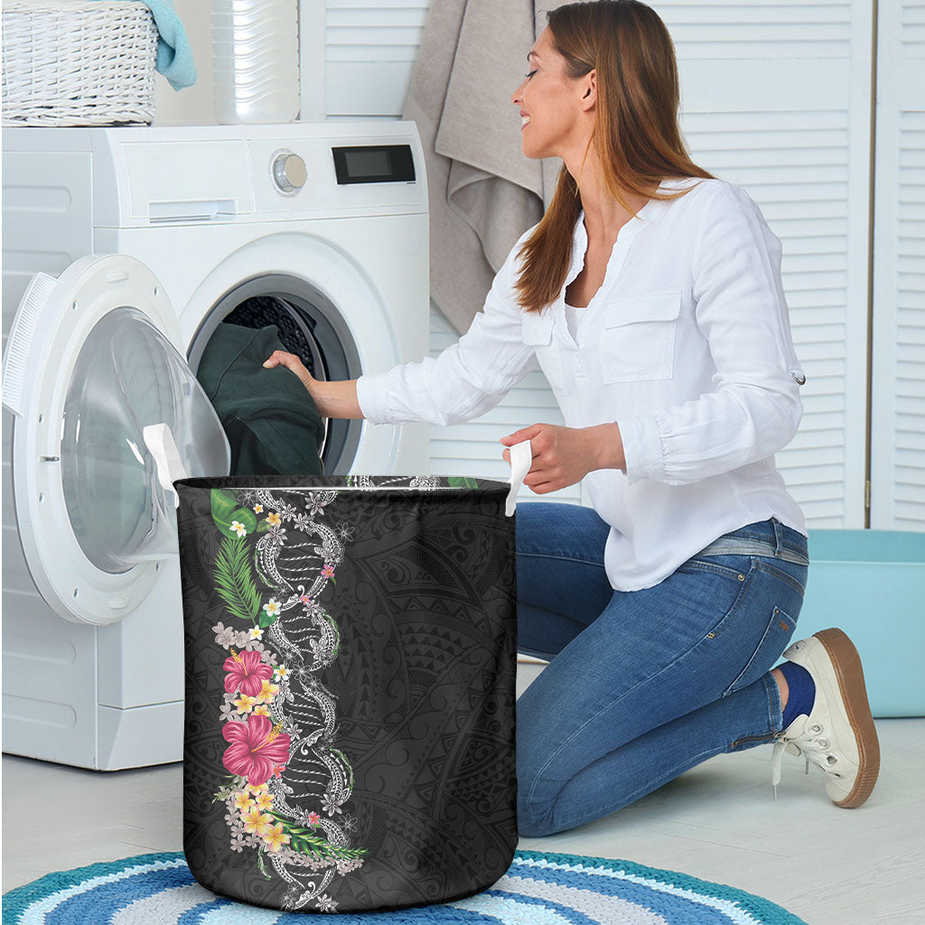 Hawaii DNA Kakau Tattoo Laundry Basket with Plumeria and Hibiscus Tropical Plants Black Color