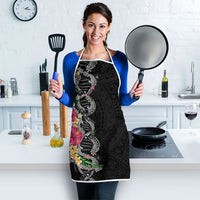 Hawaii DNA Kakau Tattoo Apron with Plumeria and Hibiscus Tropical Plants Black Color