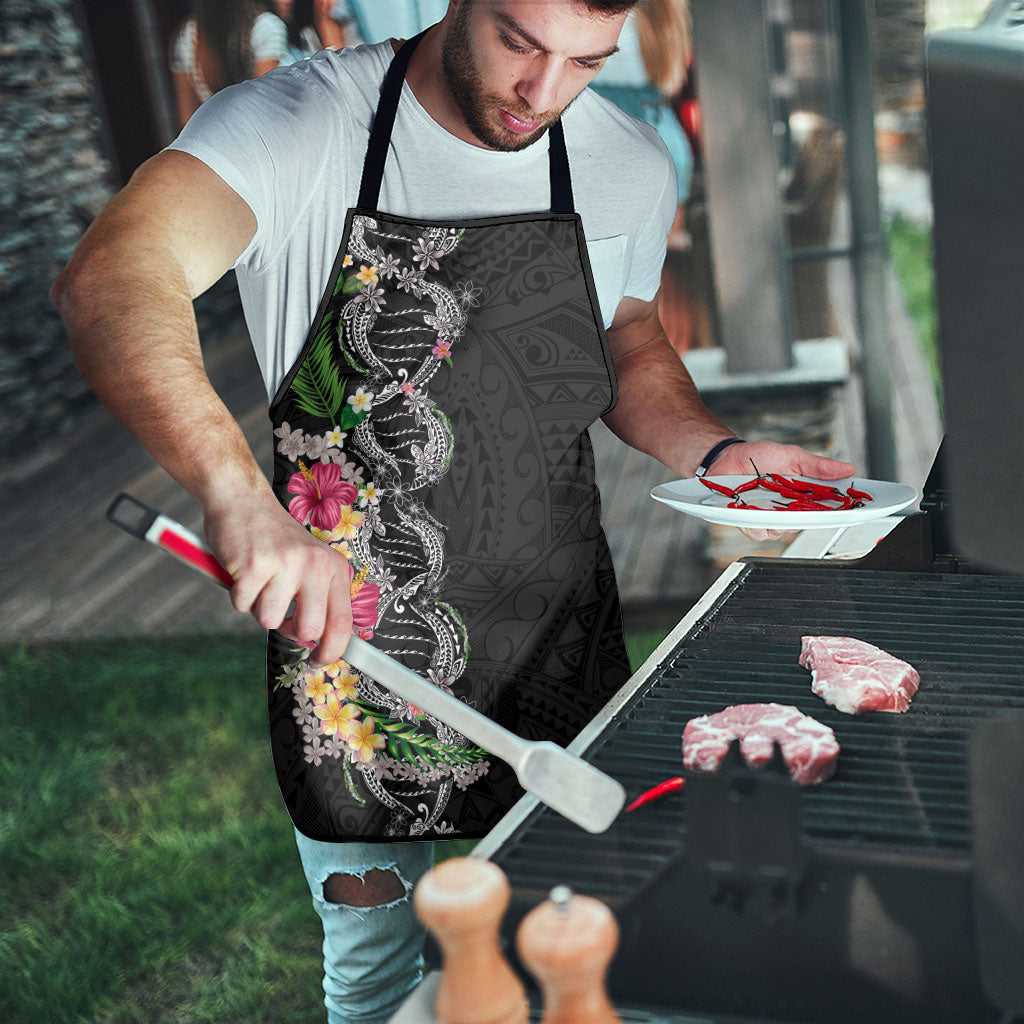 Hawaii DNA Kakau Tattoo Apron with Plumeria and Hibiscus Tropical Plants Black Color