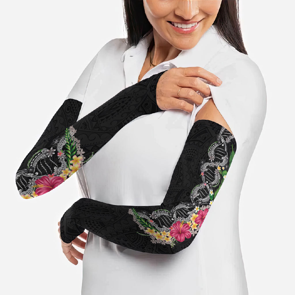 Hawaii DNA Kakau Tattoo Arm Sleeves with Plumeria and Hibiscus Tropical Plants Black Color