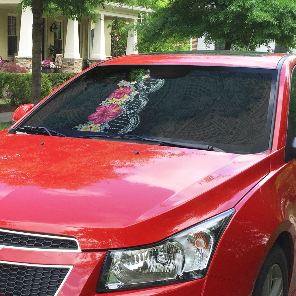 Hawaii DNA Kakau Tattoo Auto Sun Shade with Plumeria and Hibiscus Tropical Plants Black Color